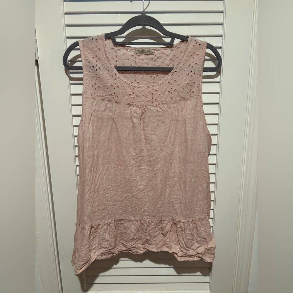 Light Pink Sleeveless Linen Ruffle Tank Top - Picture 2 of 4